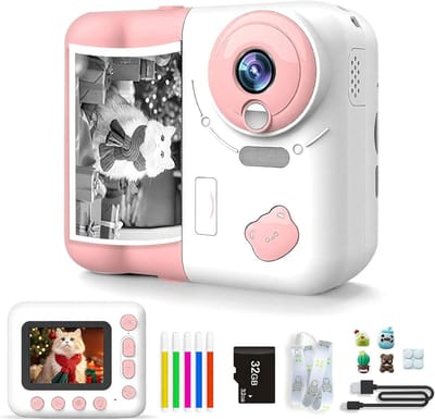 Camera - Kindercamera -Kids Instant Camera - Instant fotocamera - Kindercamera Instant Print - Instant Print Camera - Geschikt voor kinderen van 3-12 jaar - Wordt geleverd met kleurstiften -Geheugenkaart van 32 GB - Kerst- en verjaardagscadeau - roze