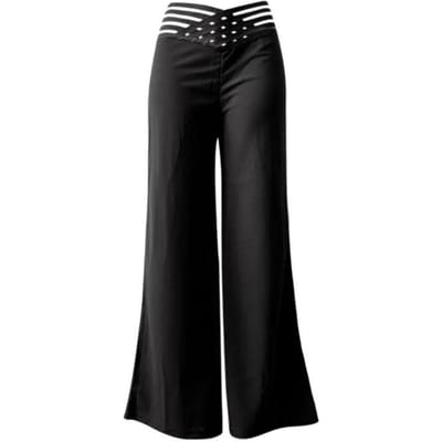 Dames Uitlopende Broeken Elegante Kantoordame Casual Hoge Taille Broeken Lente Zomer Effen Kruisvormig Doorzichtig Mesh Inzetstuk Wijde Pijpen Broek XL black