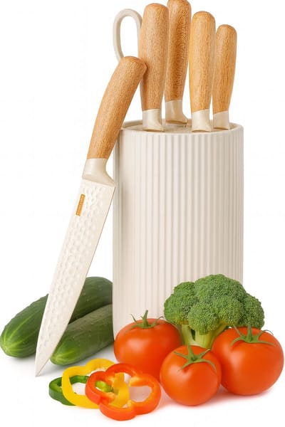 Messenset 6-Delig - Messenblok - O.a. Broodmes, Koksmes, Vleesmessen en Schaar - Keukengerei Houder - RVS - Beige