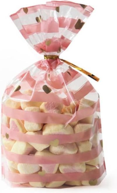 Traktatiezakjes - Uitdeelzakjes - Verjaardagzakjes - Feestzakjes – Snoepzakjes – Goud - Hartjes – Hart – Harten | Rose Streep - Polkadot – Dots | Kinderen – Kids | Cellofaan - 19 cm | | Geboorte - Verjaardag - Bruiloft - Feest – Baby – Birthday