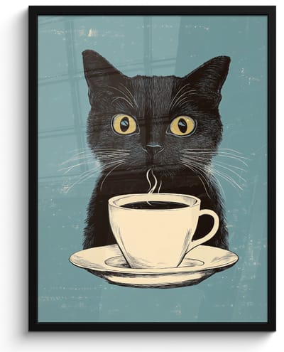 Poster in lijst - Fotolijst 50x70 cm - Posters - Kat - Zwart - Koffie - Minimalistisch - Posterlijst zwart - Decoratie - Wanddecoratie woonkamer - Muurdecoratie slaapkamer