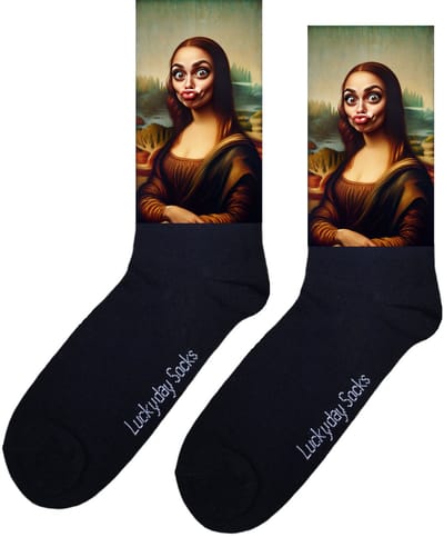 LuckyDay Socks - Kunstsokken Da Vinci - Kunstenaar sokken - Mona Lisa - Duckface - Grappige cadeau - Verjaardag cadeau - Vrolijke sokken - Kunst sokken - Grappige sokken - Leuke dames en heren sokken - Beterschap - Opkikker - Maat 37-44
