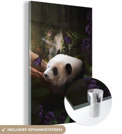 MuchoWow® Glasschilderij 40x60 cm - Schilderij acrylglas - Panda - Jungle - Vlinder - Paars - Foto op glas - Schilderijen