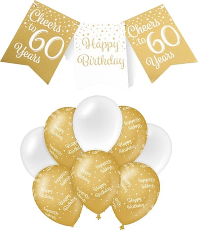 Paperdreams Luxe 60 jaar/Happy Birthday feestversiering set - Ballonnen & vlaggenlijnen - wit/goud