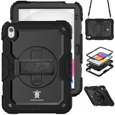 Turtle Shift Hoes met Screenprotector - Geschikt voor iPad 11 (A16) en iPad 10 - 2025 en 2022 - 10.9 Inch - Schouderriem - Draaibare Standaard met Apple Pencil Houder - Zwart