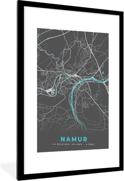 Fotolijst incl. Poster - Plattegrond – Namur – Blauw – Stadskaart - Kaart - België - 60x90 cm - Posterlijst