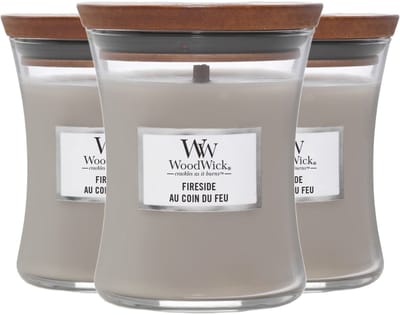Woodwick geurkaarsen Fireside - Set van 3x medium - Afmetingen: B:9,8 x H: 11,43 cm - Aantal branduren: ± tot 60h - Materiaal: glas, hout