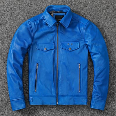 Nieuwe Koreaanse Versie van Eerste Laag Koeienhuid Leer Echt Leer Jas voor Heren Motorfiets Jeugd Leren Jas Slim Revers Korte Jas L blue