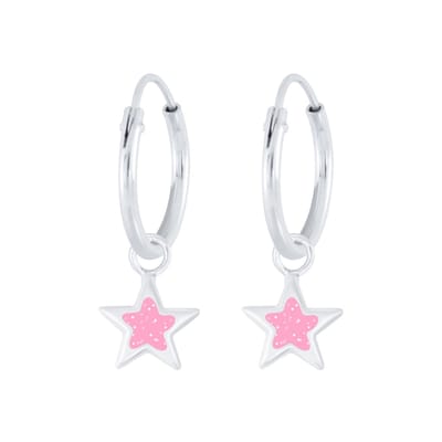 Joy|S - Zilveren ster bedel oorbellen glitter roze oorringen