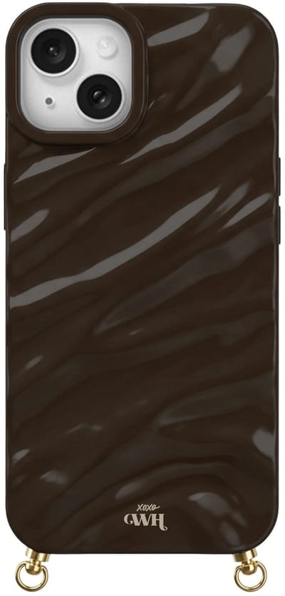 xoxo Wildhearts Glaze Cord Case Brown telefoonhoesje - geschikt voor iPhone 13 - Dream hoesje geschikt voor telefoonkoord - Glimmende silicone case met plooien - Vlekbestendig hoesje met haakjes - Bruin