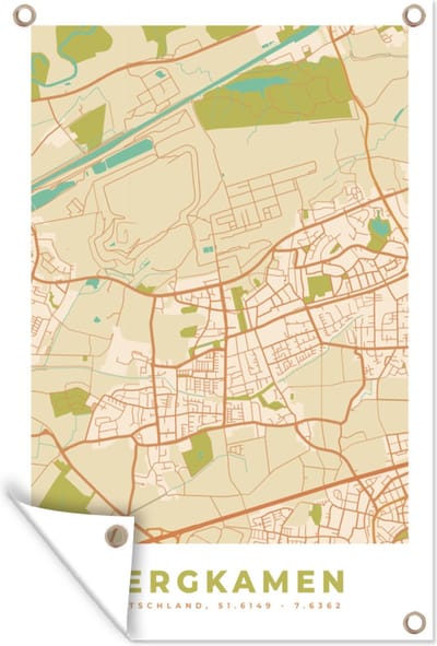 Muurdecoratie Bergkamen - Kaart - Stadskaart - Vintage - Plattegrond - 120x180 cm - Tuinposter - Tuindoek