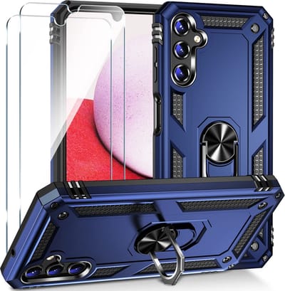 HB Hoesje Geschikt voor Samsung Galaxy A54 5G Blauw & 2X Glazen Screenprotector - Anti-Shock Hybrid Armor Back Cover - Hoes met Kickstand Ring