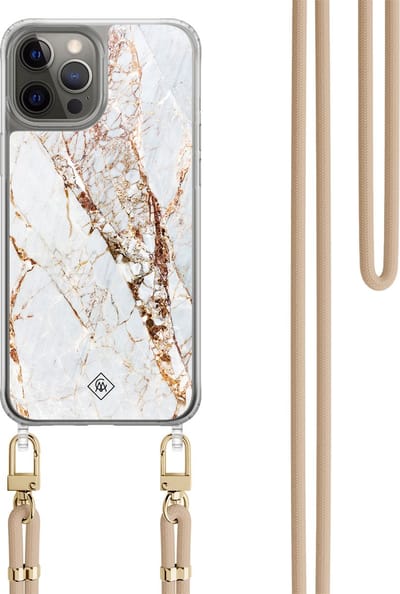 Casimoda® hoesje met beige koord - Geschikt voor iPhone 12 Pro - Marmer Goud - Afneembaar koord - TPU/polycarbonaat - Bruin/beige
