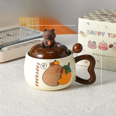 Capibara Beker Leuke Mok met Deksel en Lepel Keramisch Creatief Jongensstijl Kinderontbijtbeker Grote Capaciteit 400ml