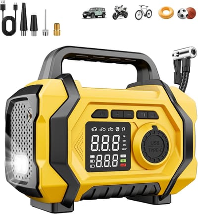 Draagbare luchtcompressor, snelle 6x 150 psi bandenpomp voor autobanden, draadloze pomp voor auto's, motoren en fietsen, drukmeter, automatische uitschakeling, 12V, LED-display en verlichting.
