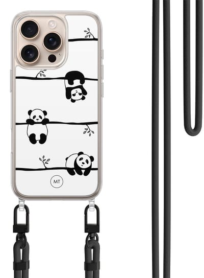 Hoesje met koord geschikt voor iPhone 16 Pro - Panda - Inclusief zwart koord - Crossbody beschermhoes - Transparant, Zwart, Wit - Mooie Telefoonhoesjes
