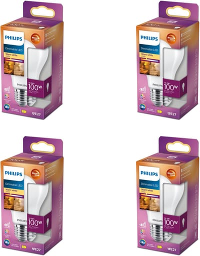Philips Voordeelverpakking - E27 - LED Standaard lamp - Mat - 100W - Dimbaar - Warmwit Licht - Set van 4 Stuks