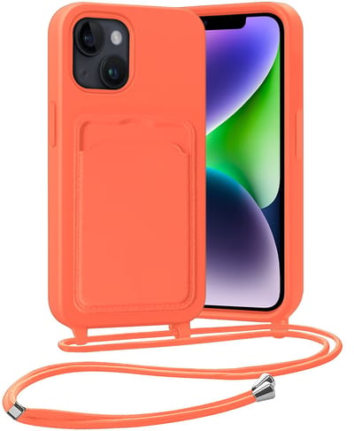 Hoesje Geschikt voor iPhone 13 Hoesje Met Telefoonketting Pasjeshouder Case Koord - Hoesje Geschikt voor iPhone 13 Hoes Met Kaarthouder - Papaya