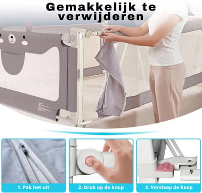 RUX® Bedhekje - Bedrand Kinderen 180 cm – Bedhek – Bedrek - Uitvalbeveiliging Bed - Valbescherming - Bedrail – Bedomrander - Baby – Peuter - Grijs - 30cm x 24cm x 4cm