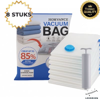 Lexorion Vacuumzakken – 8 Stuks 100x80 cm – Met Handpomp – Grote Vacumeerzakken voor Dekbedden & Kussens – Herbruikbaar & Ruimtebesparend, Jumbo Vacuumzakken