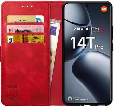 Rosso Element Geschikt voor Xiaomi 14T Pro | Wallet Book Case | Portemonnee Hoesje | 3 Pasjes | Magneetsluiting | Stand Functie | Rood
