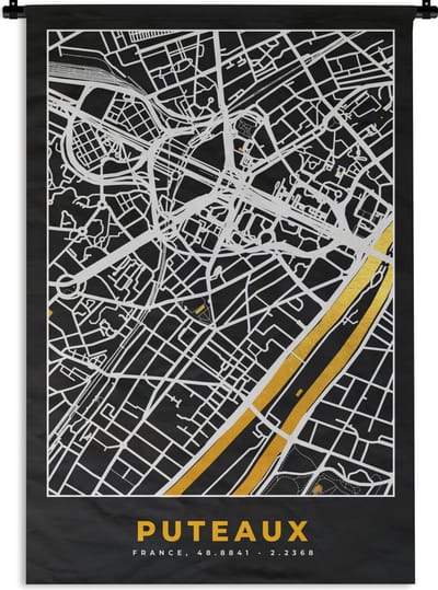 Wandkleed - Wanddoek - Kaart - Stadskaart - Plattegrond - Puteaux - Frankrijk - 120x180 cm - Wandtapijt