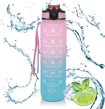 CALIYO Waterfles 1L met Tijdmarkeringen – BPA-vrij – Lekvrij – Met Rietje & Draaglus – Tritan Plastic – Gradient Design – Drinkfles voor Sport, School & Outdoor