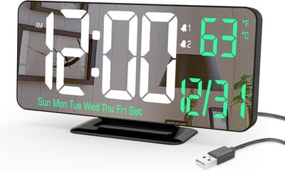 Famanu - Digitale tafelklok 6,7-inch met dubbel alarm, dimmer, datum, temperatuur en 12/24 uurs-weergave