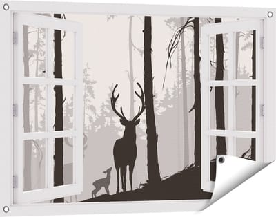 Gards Tuinposter Doorkijk Herten in het Bos - Silhouet - 90x60 cm - Tuindoek - Tuindecoratie - Wanddecoratie buiten - Tuinschilderij