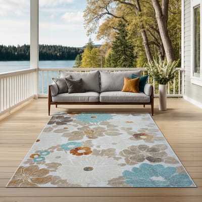 the carpet Porto – Outdoor tapijt, UV-bestendig & weerbestendig, ideaal voor balkon, terras & keuken, beige met bloemenmotief 140 x 200 cm