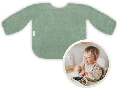 Funnies Slab met Mouwen Stone Green - Zachte Slab voor Baby’s - 100% Katoenen Badstof - Makkelijk Wasbaar in de Wasmachine - Slabbetjes, Kwijlslab, Schort, Kliederschort, Eet- en Speelslab - Ideaal voor Eten, Knutselen en Spelen