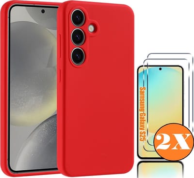 Hoesje geschikt voor Samsung Galaxy S25 Hoesje siliconen Rood zacht TPU backcover - Met gehard glas screenprotector Galaxy S25 / S24 - 2 stuks
