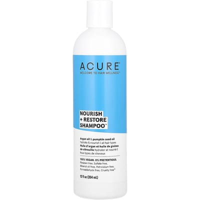 ACURE, Nourish + Restore Shampoo, geschikt voor alle haartypes, arganolie en pompoenpitolie, 12 fl oz (354 ml) blue