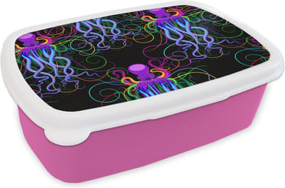 Broodtrommel Roze - Lunchbox - Brooddoos - Octopus - Regenboog - Neon - Abstract - Patronen - 18x12x6 cm - Kinderen - Meisje