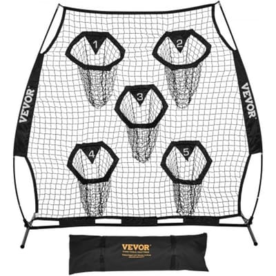 VEVOR Football Coach Werpnet Oefennet (208 x 91 x 189 cm) met 5 doelvakken, draagbare opbergtas, banden en knooploos net, voor quarterback-passtraining, zwart