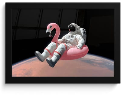 Poster in lijst - Fotolijst 30x20 cm - Posters - Astronaut - Flamingo - Zwemband - Roze - Posterlijst zwart - Decoratie - Wanddecoratie woonkamer - Muurdecoratie slaapkamer
