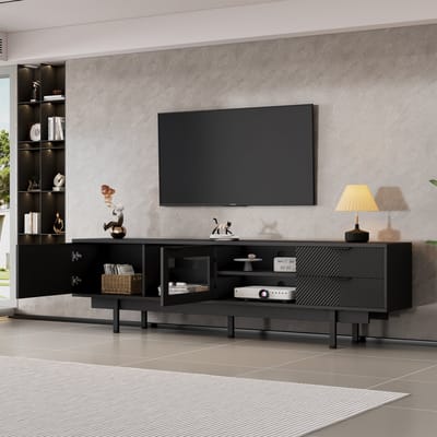 Wishdor Tv-Meubel - 2 Deuren En 2 Lades - 3-Laags Opbergontwerp - Spaanplaat En Gehard Glas - Zwart - 200 X 40 X 50,5 Cm