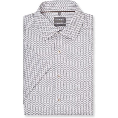 OLYMP Luxor comfort fit overhemd - korte mouw - dobby - wit met blauw en beige dessin - Strijkvrij - Boordmaat: 46 (EU maat: XXL)