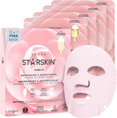 STARSKIN® Camellia 2-Stappen – Gezichtsmasker / Sheet Mask – Voedend, Verhelderend & Hydraterend – Korean Skincare voor alle huidtypen met Serum van Camellia-olie, Niacinamide & Pioenwortel – 4×25 g