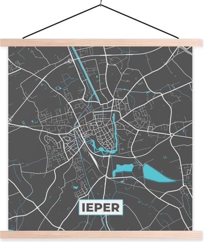 Posterhanger incl. Poster 40x40 cm - Schoolplaat - Stadskaart – Grijs - Kaart – Ieper – België – Plattegrond - Textielposter - Blanke latten - Stadskaart