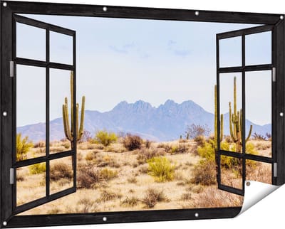 Gards Tuinposter Doorkijk Cactussen in de Woestijn - 150x100 cm - Tuindoek - Tuindecoratie - Wanddecoratie buiten - Tuinschilderij