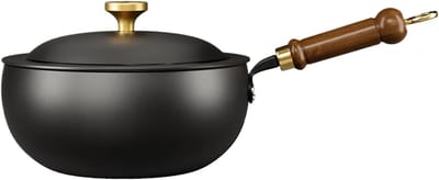 Koekenpan met Deksel - Antiaanbakpan Gietijzer - Veelzijdig Koken - Ovenbestendig Houtgreep - 20 cm Diameter - Zwart