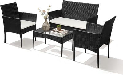Zitgroep Tuinset 4-delig van PE rotan met 2 fauteuils, 2-zitsbank en glazen tafel voor balkon en terras - zwart