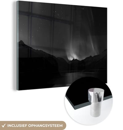 MuchoWow® Glasschilderij 120x90 cm - Schilderij acrylglas - Bergen - Noorderlicht - Ruimte - Foto op glas - Schilderijen
