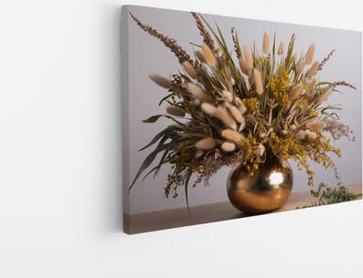 Saammp Canvas Schilderij - Gedroogde Bloemen in goude vaas - Natuur - Abstract - 45x30 - Foto op canvas - Wanddecoratie - Muurdecoratie Woonkamer - Kantoor Decoratie