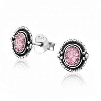 Aramat Jewels | Oorbellen | Oorstekers – 925 Zilver Bali Oorbellen Ovaal Roze Glitter 8x5mm Geoxideerd | | | |5mm | Zilver | Kinderen, Volwassenen | Verkleurd niet