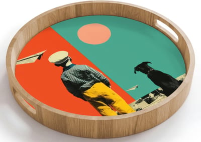 Dienblad rond 40x40 cm - Schootdienblad hout - Retro - Jongen - Hond - Rood - Groen - Borrelplank rechthoek - Plateau houten dienbladen