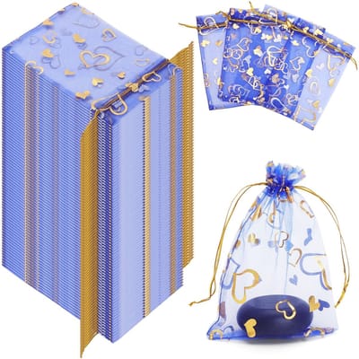 Dailygoods- Organza Zakjes Blauw met Hartpatroon - 100 Stuks - Kleine Geschenkzakjes - Bruiloft/Gastgeschenken - Sieradenzakjes met Trekkoord - 16 x 11 cm - Cadeauzakjes