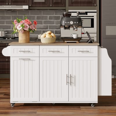 Sweiko Keukeneiland - Dressoir - Neerklapbaar tafelblad - Met stopcontact - 3 lades - Wit + Natuurlijke