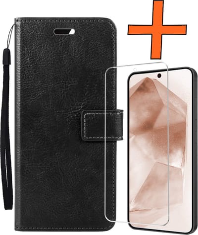 Hoes - Met Screenprotector - Geschikt voor Samsung Galaxy A55 - Luxe Pasjeshouder - Bookcase Portemonee - Flip Case - Kunstleer Book Case - Flipcase - Book Cover - Walletcase - PortemonneeHoes - Zwart